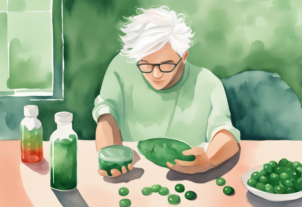 Illustrazione moderna ad acquerello con tema principale verde, persona con capelli bianchi vibranti che tiene una bottiglia di integratore di astaxantina, con alcune capsule rovesciate su un tavolo.