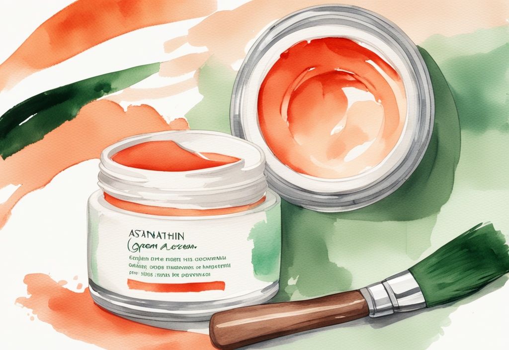 Illustrazione moderna ad acquerello di una crema viso all'astaxantina su un vanity, con crema rosso-arancio visibile e un morbido pennello pronto per l'applicazione.