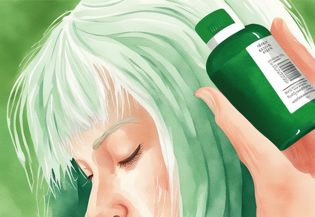 Illustrazione moderna ad acquerello con tema principale verde, primo piano di un cuoio capelluto con capelli bianchi, bottiglia di integratore di astaxantina accanto.