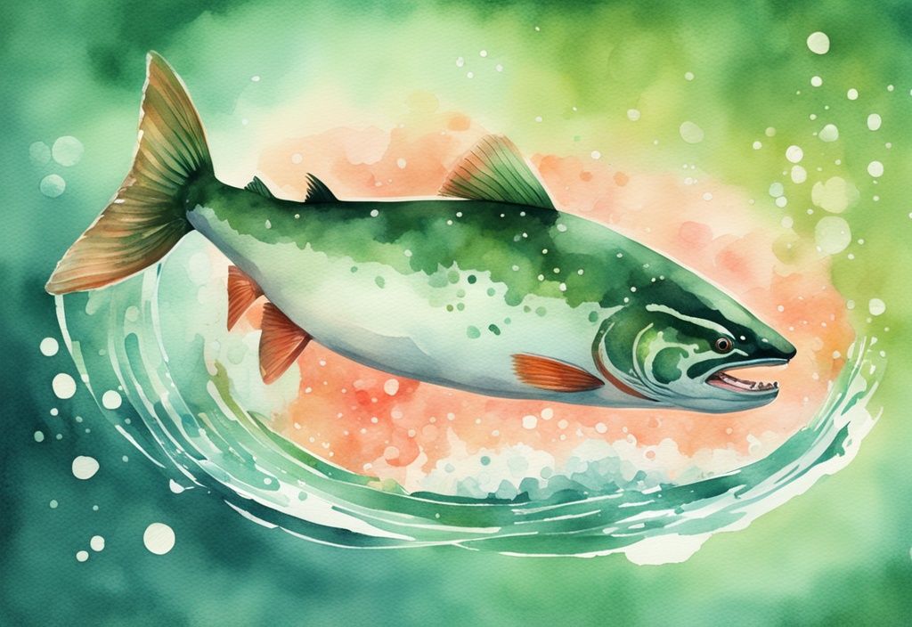 Illustrazione moderna ad acquerello di un salmone vibrante che salta da un'acqua cristallina, simbolo dei benefici per la salute dell'astaxantina.