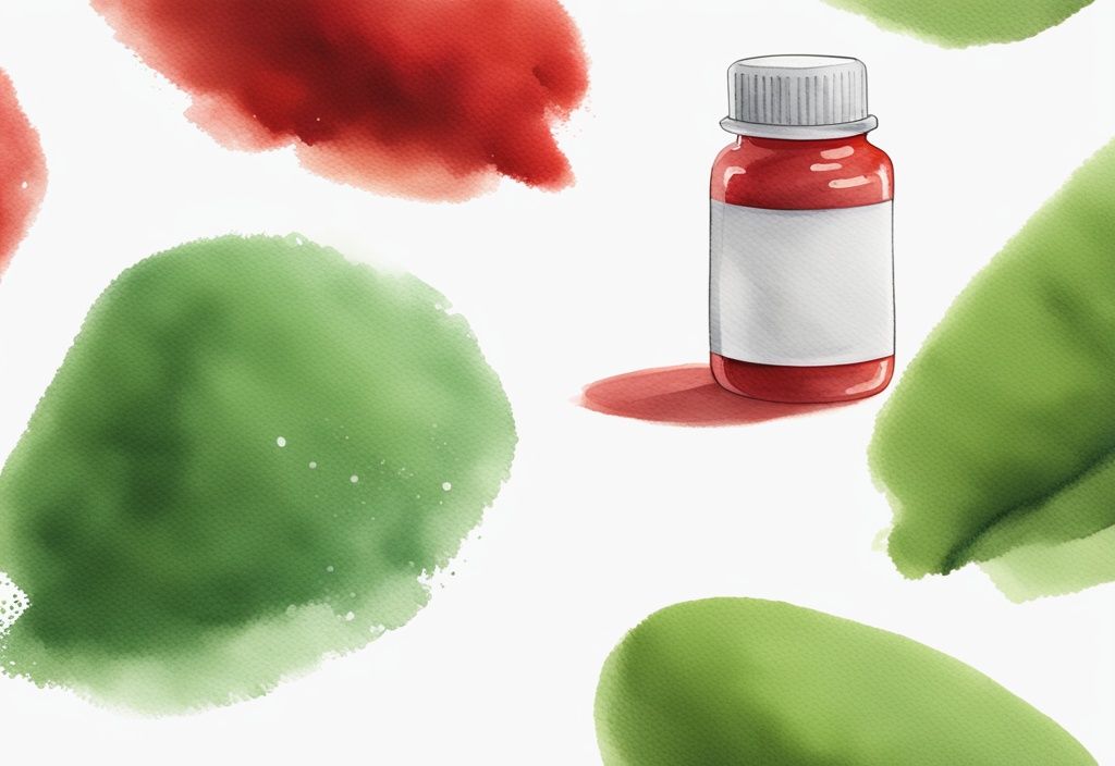 Illustrazione moderna ad acquerello con capsula trasparente contenente astaxantina pura in polvere rossa su superficie bianca.