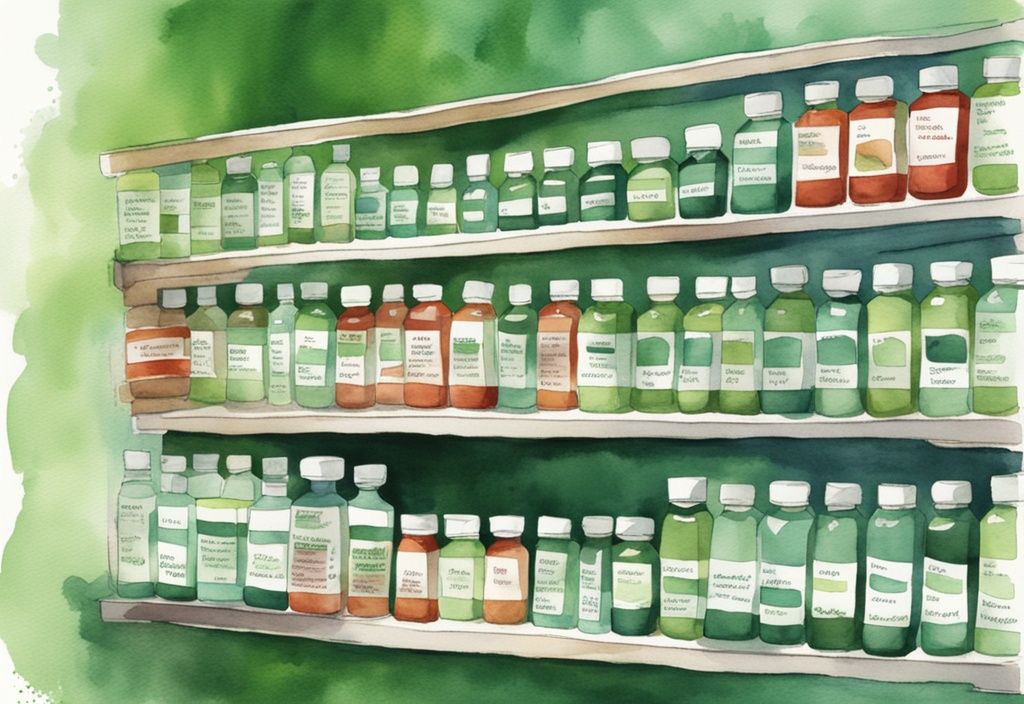 Illustrazione moderna ad acquerello con integratori di astaxantina in primo piano su uno scaffale di farmacia, evidenziando la migliore astaxantina in farmacia al centro.