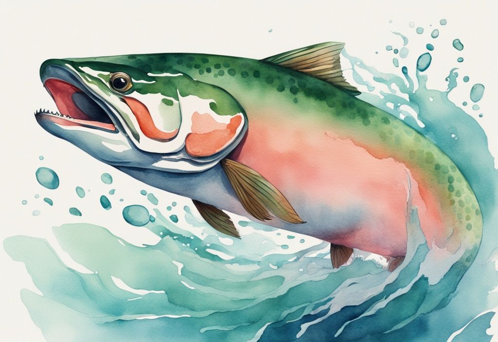 Illustrazione moderna ad acquerello di un salmone vibrante che salta fuori dall'acqua blu chiara, con carne rosa visibile, segno della presenza di astaxantina, tema principale verde.