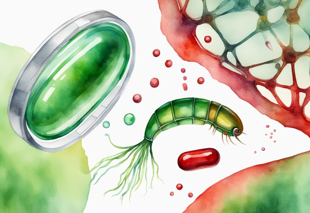 Illustrazione moderna ad acquerello con capsula di olio di krill rossa rotta, astaxantina visibile e struttura molecolare del colesterolo, tema principale verde.