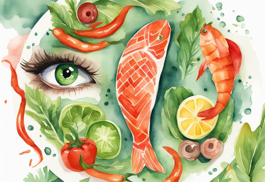 Illustrazione moderna ad acquerello con tema verde, occhi sani circondati da alimenti ricchi di astaxantina come salmone, gamberetti e peperoni rossi.