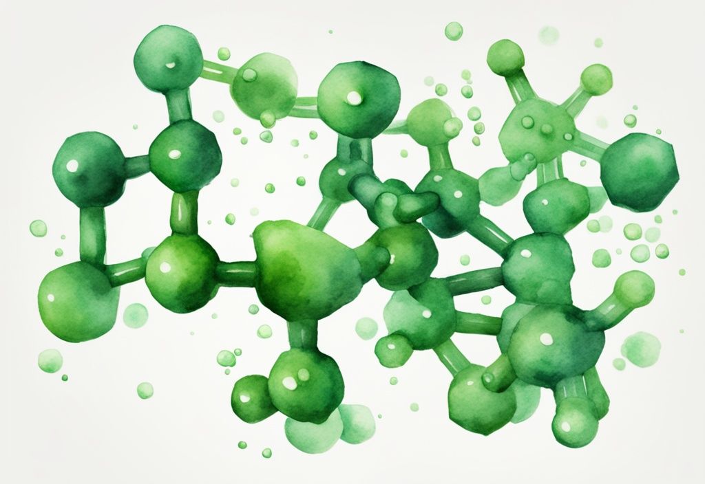 Illustrazione moderna ad acquerello della struttura molecolare dell'Astaxantina con aree evidenziate per le sue proprietà antinfiammatorie, tema colore verde.