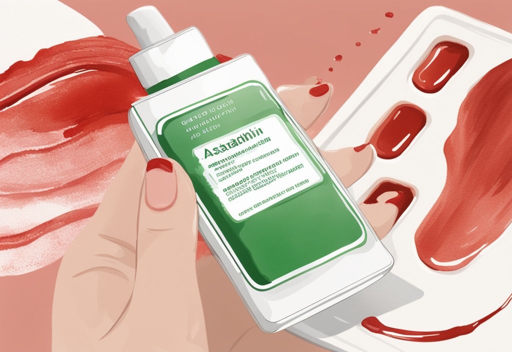 Illustrazione moderna ad acquerello con tema verde, mano applica crema astaxantina rossa sul viso, schermo del computer mostra recensioni di creme astaxantina.