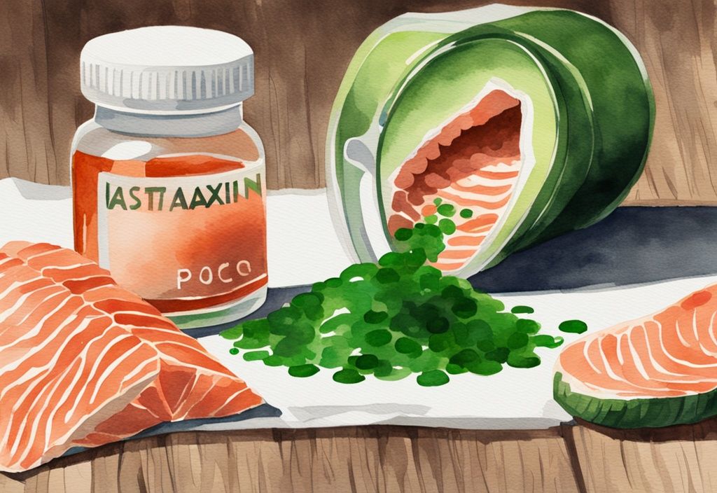 Illustrazione moderna ad acquerello di capsule di complesso di Astaxantina su un tavolo di legno, con bicchiere d'acqua e salmone fresco sullo sfondo.