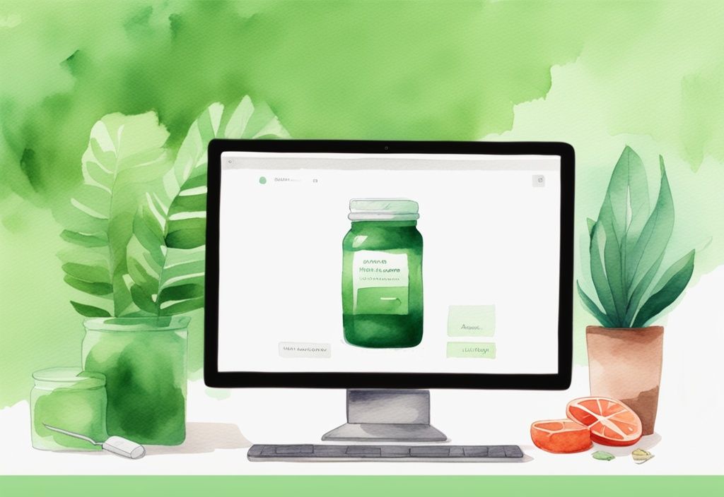 Illustrazione moderna ad acquerello con tema verde, mano che tiene un barattolo di crema all'astaxantina, schermo del computer sullo sfondo che mostra un sito di shopping online.