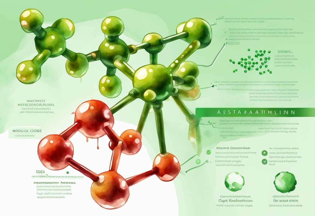 Illustrazione moderna ad acquerello con struttura molecolare 3D di Astaxantina e Glutatione in verde vibrante, con etichette distintive.