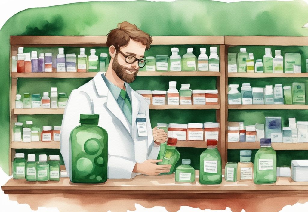 Illustrazione moderna ad acquerello di un farmacista che tiene una bottiglia di integratore di Astaxantina con un bancone di farmacia e scaffali pieni di prodotti per la salute sullo sfondo.