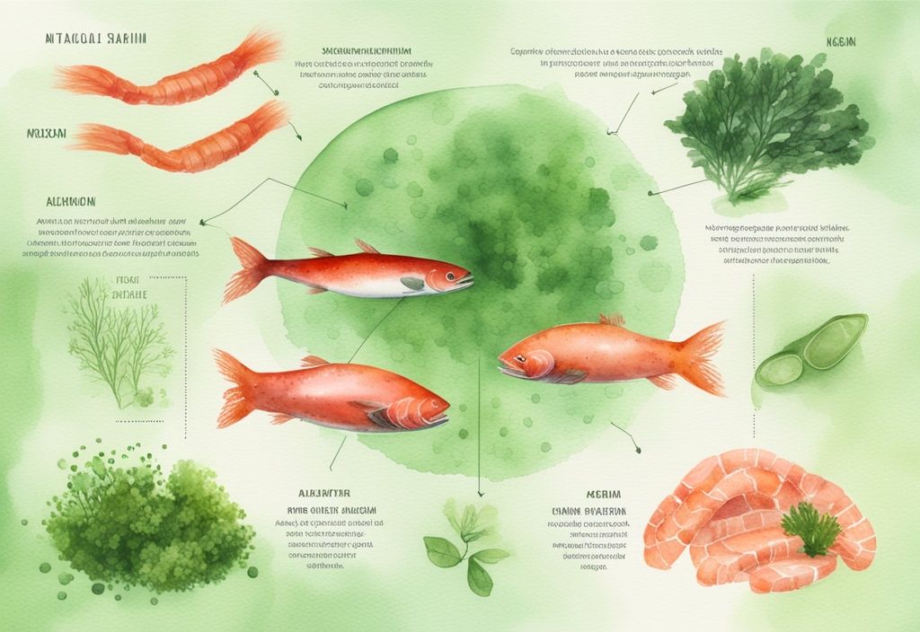 Illustrazione moderna ad acquerello di fonti naturali di astaxantina come salmone, gamberetti e microalghe, con annotazioni evidenziate.