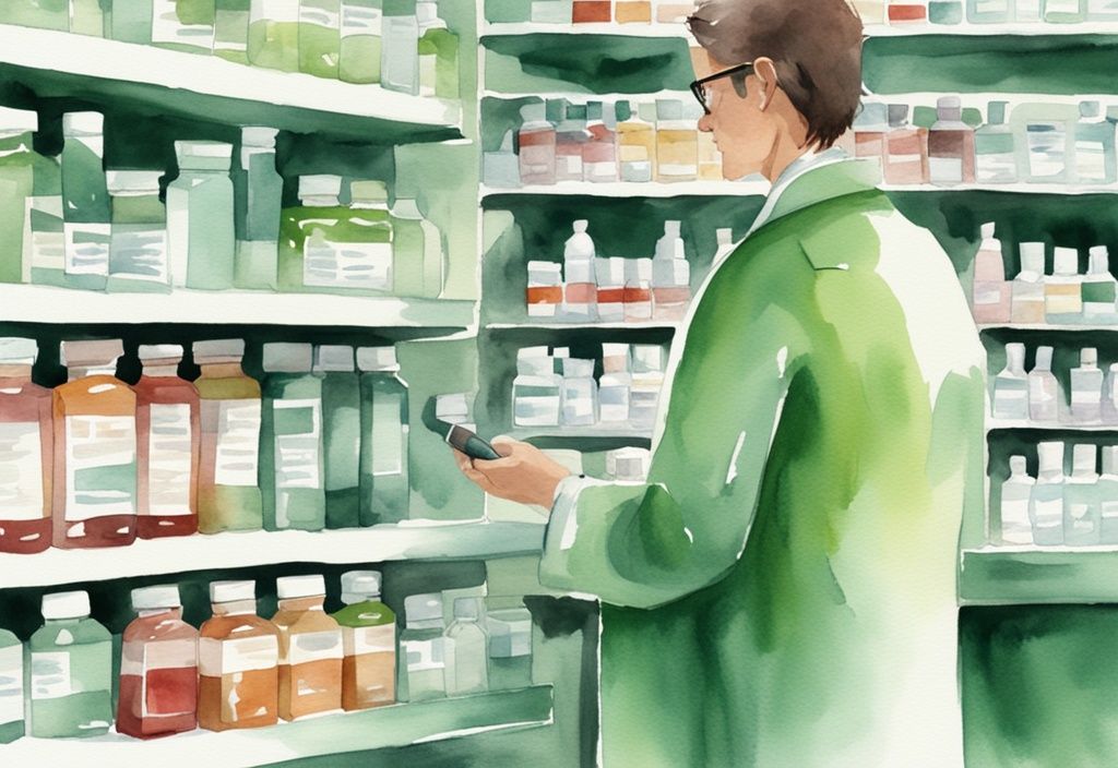 Illustrazione moderna ad acquerello di una farmacia con scaffale di integratori di Astaxantina e farmacista che offre consulenza a un cliente.