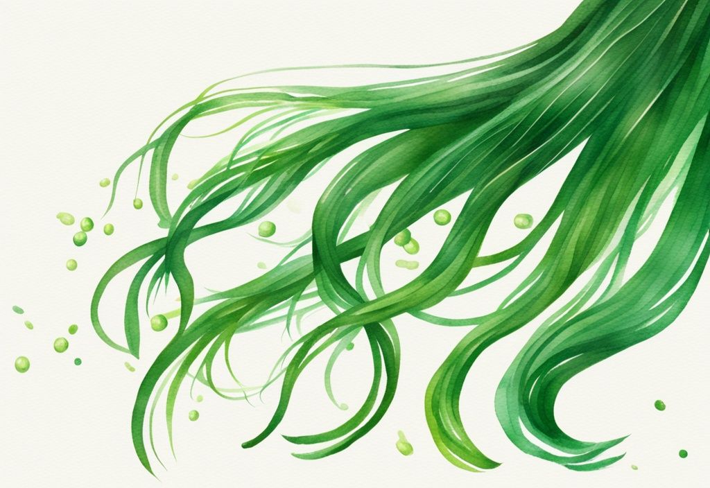 Illustrazione moderna ad acquerello con tema principale verde, primo piano di capelli sani e lucenti con una capsula di astaxantina che si apre e i suoi contenuti che fluiscono verso i capelli, astaxantina benefici capelli.