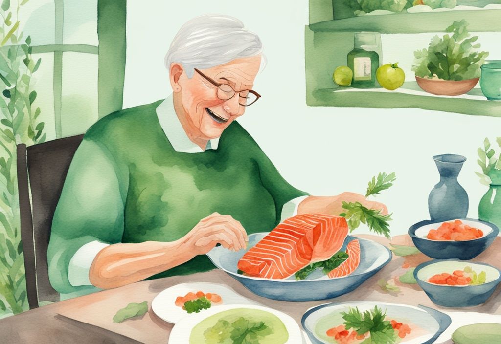 Illustrazione ad acquerello moderna di un anziano in salute che mangia un piatto di salmone ricco di astaxantina, simbolo di longevità e vitalità, con tema principale verde.