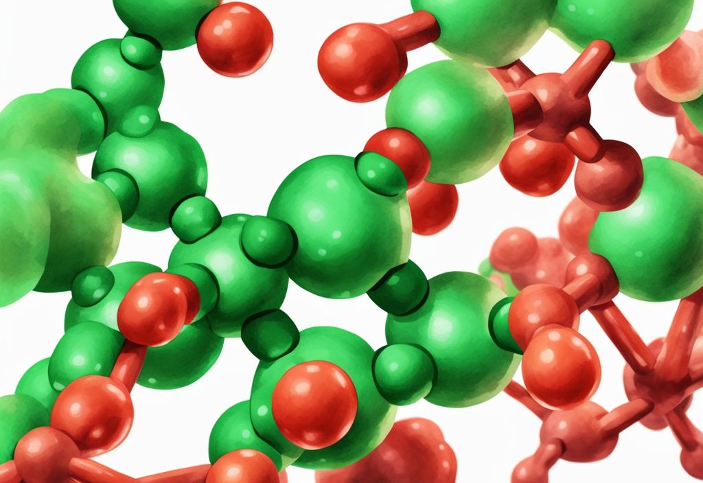 Illustrazione moderna ad acquerello con struttura molecolare 3D di astaxantina a confronto con una molecola di una comune statina, tema principale verde; astaxantina è una statina.