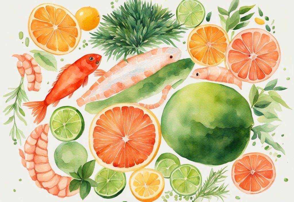 Illustrazione moderna ad acquerello con salmone, gamberi e agrumi, fonti naturali di Astaxantina e Vitamina C, su sfondo chiaro