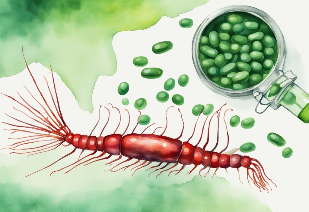 Illustrazione moderna ad acquerello con un krill rosso vivo in primo piano, struttura molecolare di Astaxantina e flacone di pillole etichettato 'statina' sullo sfondo, tema principale verde.