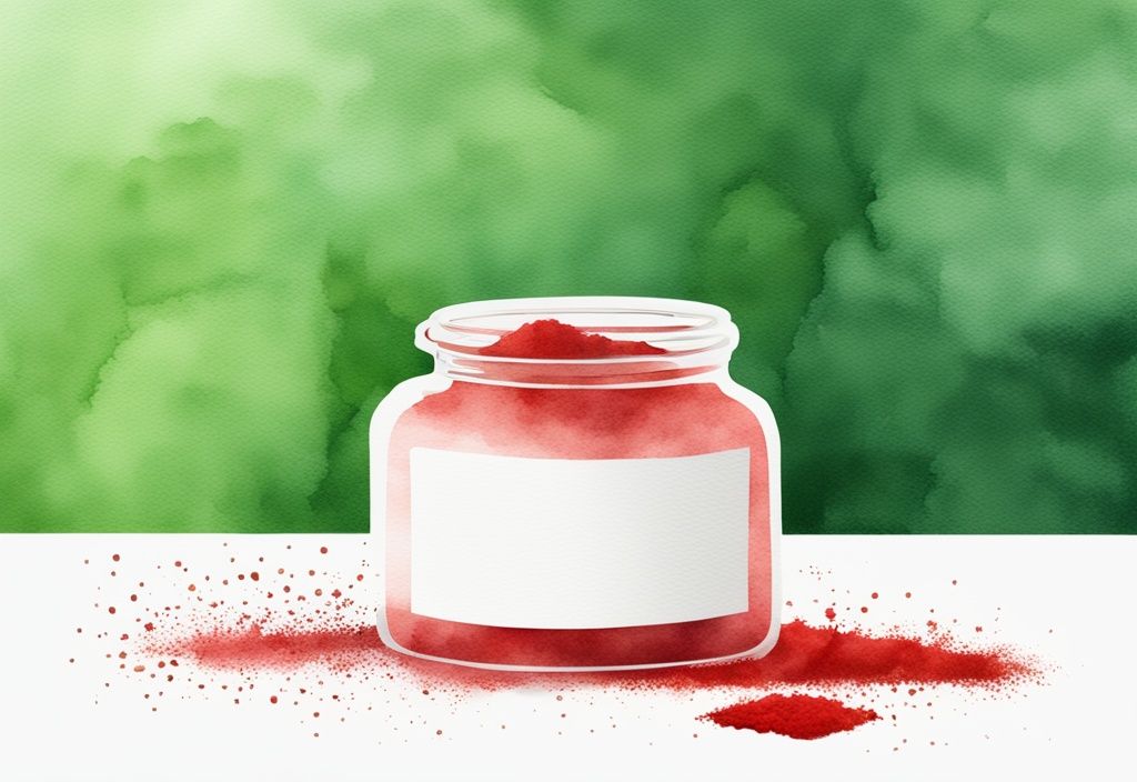 Illustrazione moderna ad acquerello con tema verde, polvere di astaxantina in rosso vibrante su sfondo bianco minimalista, barattolo di vetro sfocato sullo sfondo.