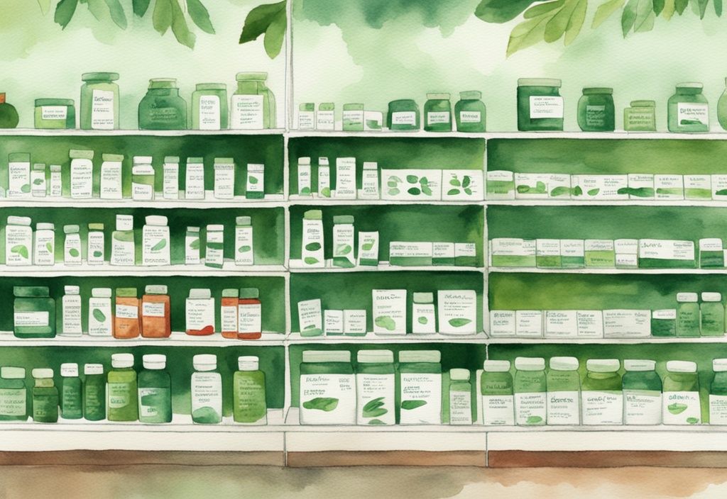 Illustrazione moderna ad acquerello di una farmacia con scaffale di integratori di astaxantina, con un prodotto evidenziato come la scelta migliore.