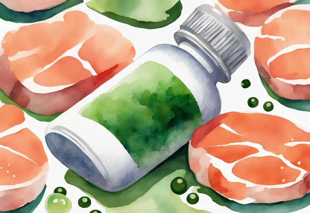 Illustrazione moderna ad acquerello con tema verde, primo piano di una bottiglia di integratore di astaxantina liposomiale con capsule su un filetto di salmone fresco.