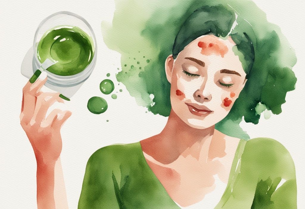 Illustrazione moderna ad acquerello di una donna che applica una crema con Astaxantina sul viso, con una bottiglia di integratore di Astaxantina e un bicchiere d'acqua sullo sfondo.