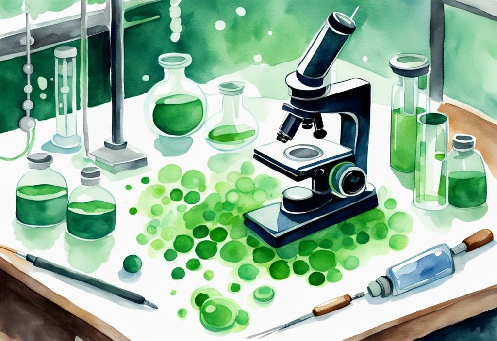 Illustrazione moderna ad acquerello di un laboratorio con microscopio, piastre di Petri e struttura molecolare dell'Astaxantina, tema colore verde.