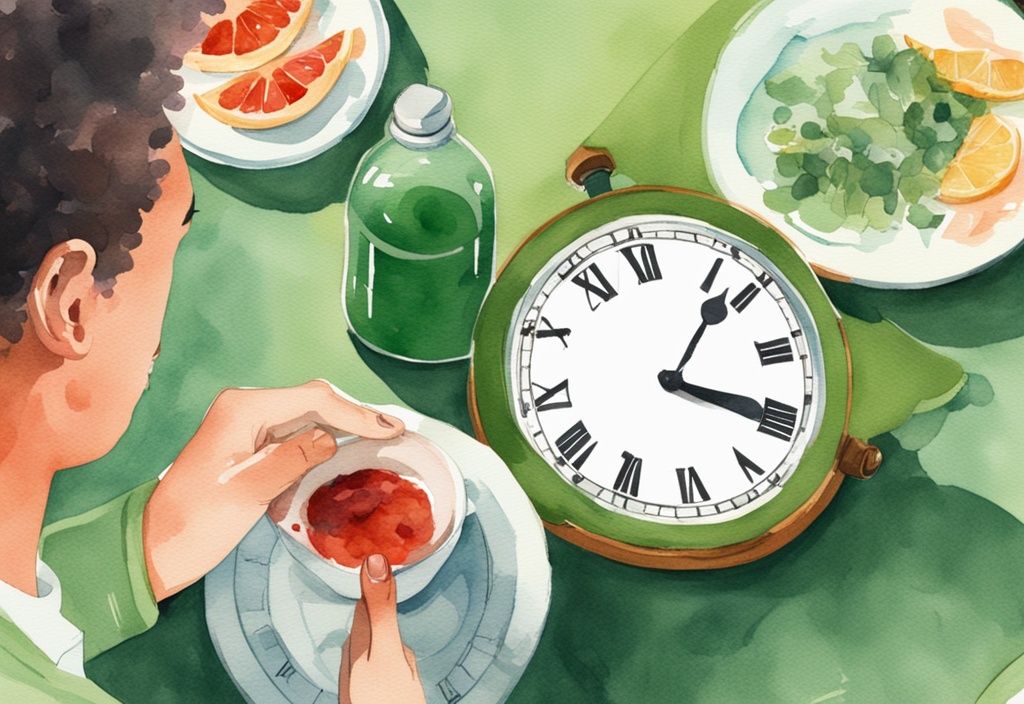 Illustrazione moderna ad acquerello di una persona che assume un integratore di astaxantina durante un pasto, con un orologio sullo sfondo che indica orari diversi.