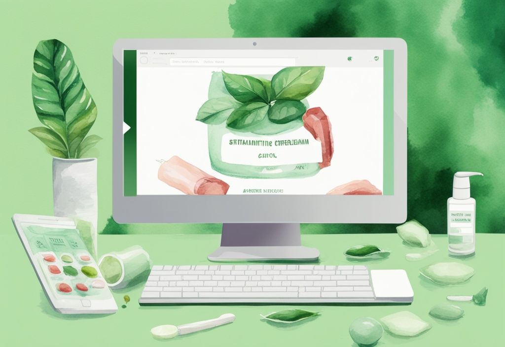 Illustrazione moderna ad acquerello con tema principale verde, mano che tiene un tubo di astaxantina crema, schermo del computer sullo sfondo che mostra un sito di shopping online, astaxantina crema dove si compra.