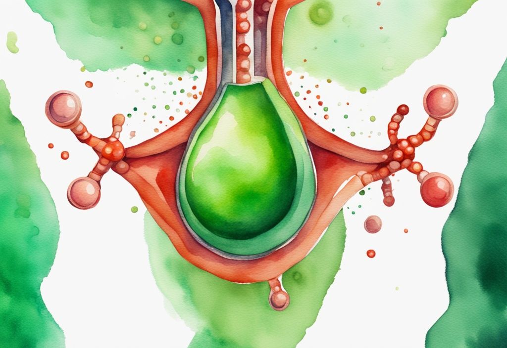 Illustrazione moderna ad acquerello di una ghiandola tiroidea con una molecola di astaxantina sopra, simbolo dei suoi potenziali benefici, tema principale verde.