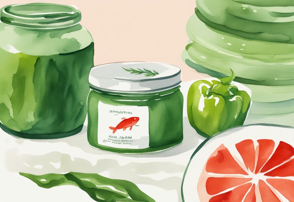 Illustrazione moderna ad acquerello con tema verde, barattolo di crema Astaxantina in primo piano, sfondo con cibi ricchi di antiossidanti come salmone, gamberetti e peperoni rossi.