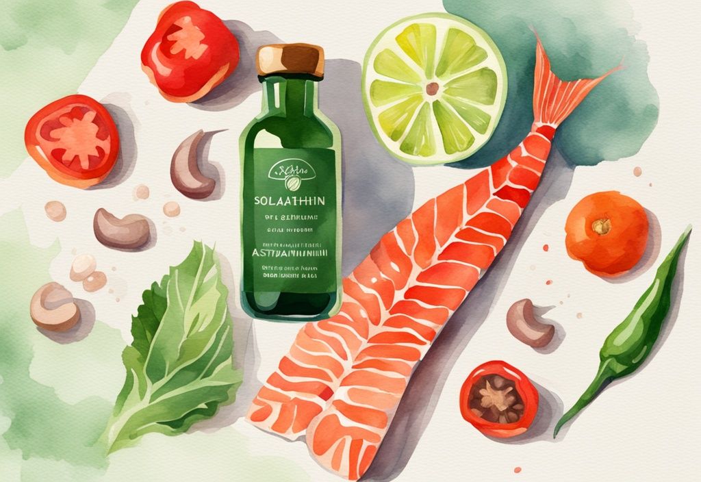 Illustrazione moderna ad acquerello con tema verde, bottiglia di integratore Solgar Astaxantina in primo piano, sfondo con cibi ricchi di astaxantina come salmone, gamberi e peperoni rossi, astaxantina solgar a cosa serve.