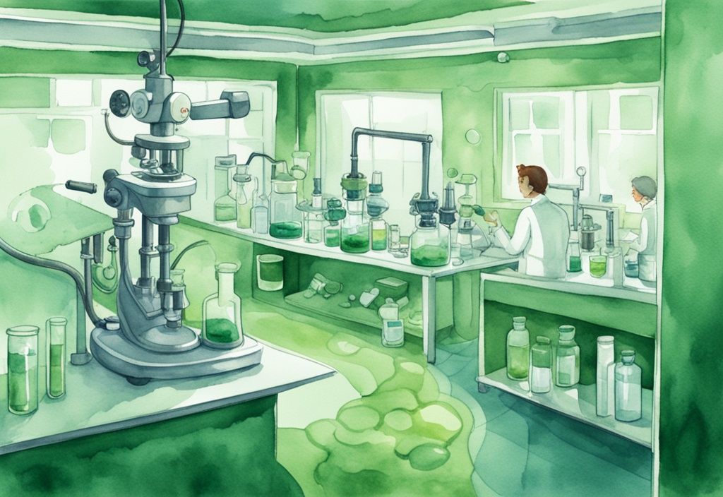 Illustrazione moderna ad acquerello di un laboratorio con microscopio, piastre di Petri e struttura molecolare dell'Astaxantina, tema colore verde.