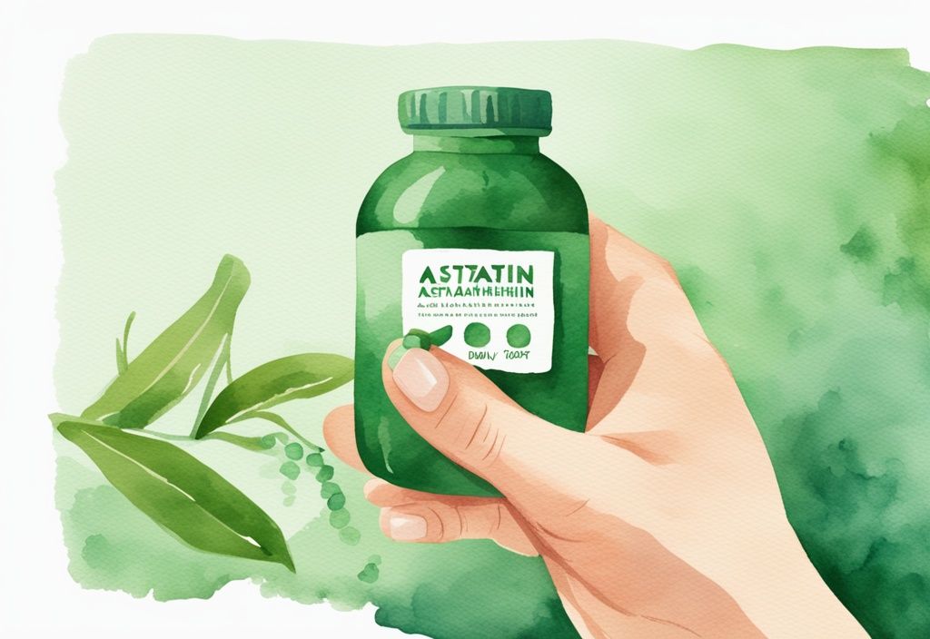 Illustrazione moderna ad acquerello con tema verde, mano che tiene una bottiglia di integratori di astaxantina con dose giornaliera visibile sull'etichetta.