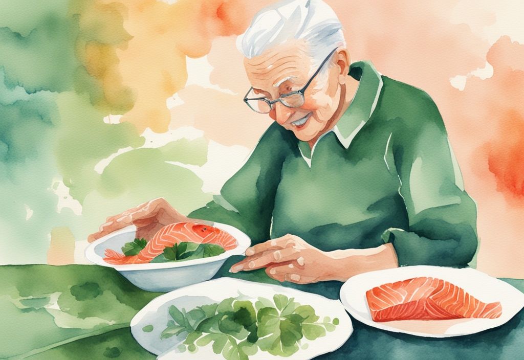 Illustrazione moderna ad acquerello di un anziano in salute che consuma un piatto di salmone ricco di astaxantina, simbolo di longevità e vitalità, con tema principale verde.