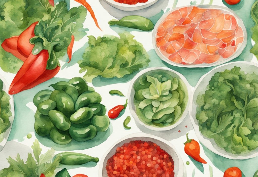 Illustrazione moderna ad acquerello con tema principale verde, cibi ricchi di astaxantina come salmone, gamberi e peperoni rossi disposti in modo estetico.