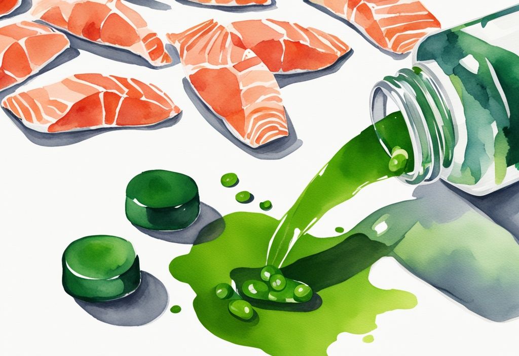 Illustrazione moderna ad acquerello di capsule di integratore di astaxantina su superficie bianca con bicchiere d'acqua e salmone fresco sullo sfondo.