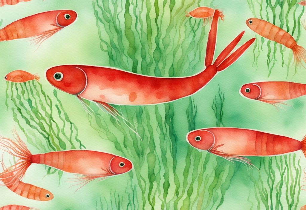 Illustrazione moderna ad acquerello con krill rosso vibrante e sfondo di salmone, gamberetti e microalghe, simbolo delle fonti naturali di antiossidante Astaxantina.