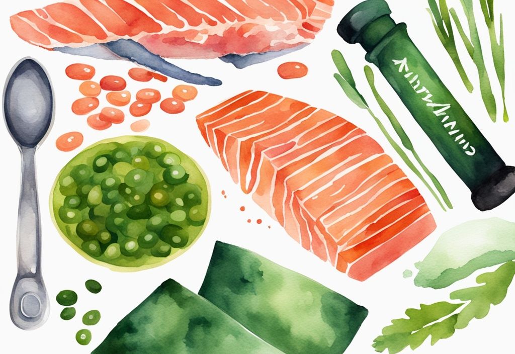 Illustrazione moderna ad acquerello con tema verde, alimenti ricchi di astaxantina come salmone e gamberi accanto a un cucchiaio dosatore e una bottiglia di integratori di astaxantina, astaxantina dosaggio.