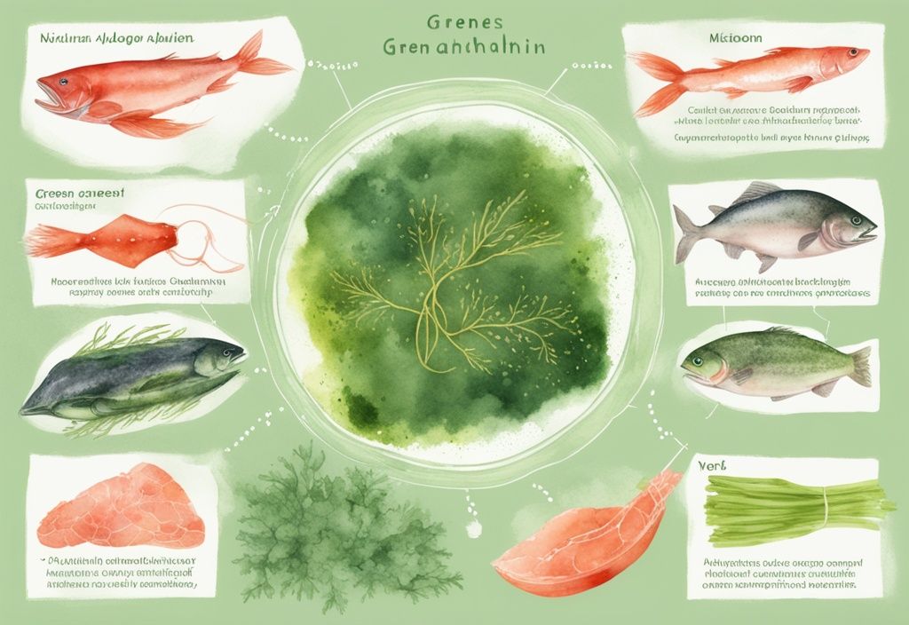 Illustrazione moderna ad acquerello di fonti naturali di astaxantina: salmone, gamberetti e microalghe, con annotazioni evidenziate.