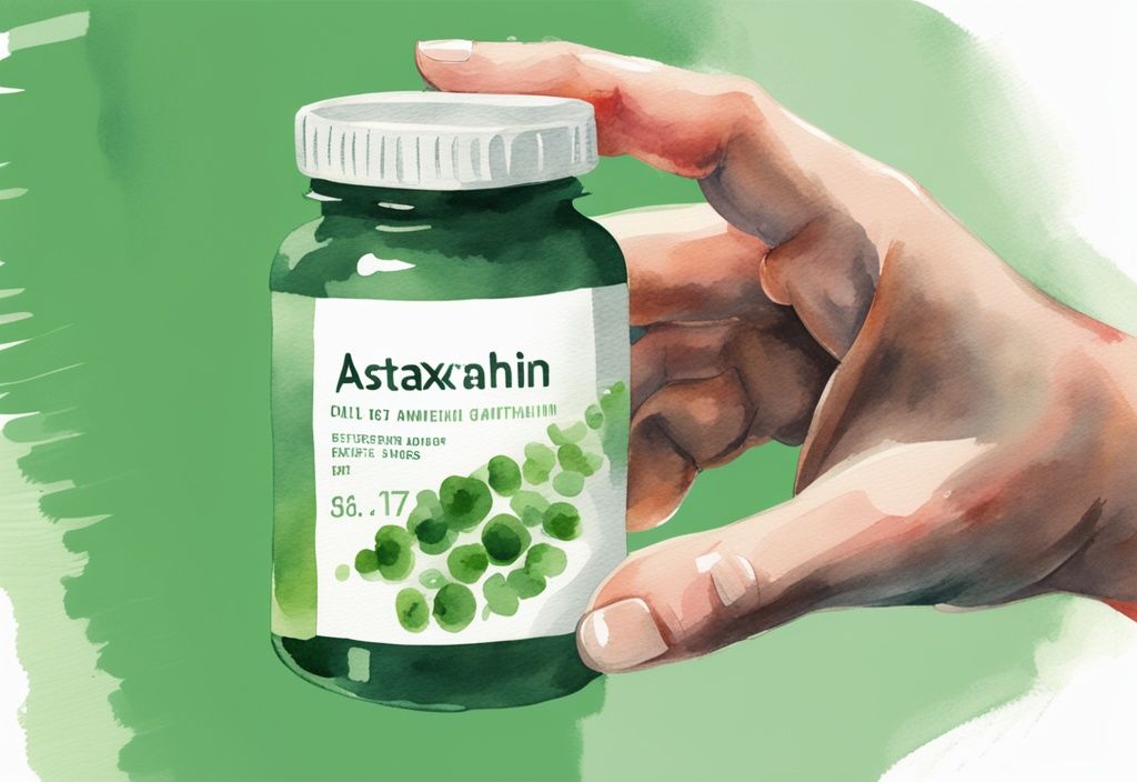 Illustrazione moderna ad acquerello con tema verde, una mano tiene una bottiglia di integratori di astaxantina con la dose giornaliera visibile sull'etichetta.