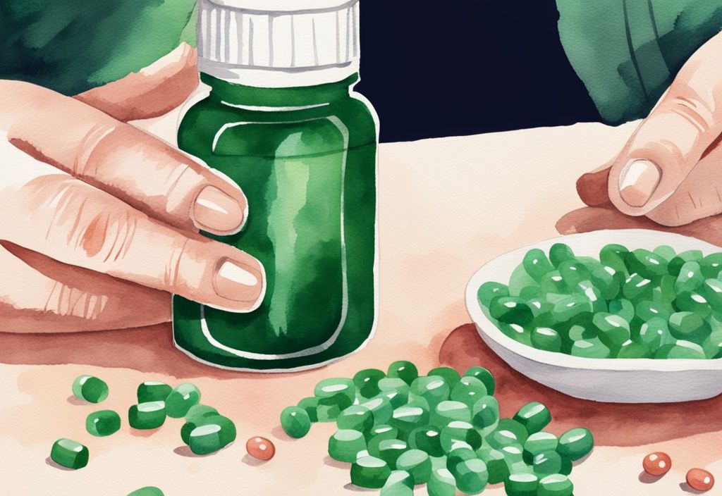 Illustrazione moderna ad acquerello con tema principale verde, persona con capelli bianchi vibranti tiene una bottiglia di integratore di astaxantina, con alcune capsule sparse su un tavolo.