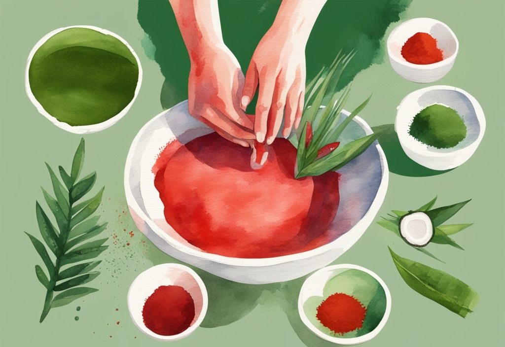 Illustrazione moderna ad acquerello di mani che mescolano polvere di astaxantina rossa in una base cremosa, con ingredienti naturali come olio di cocco e aloe vera intorno.