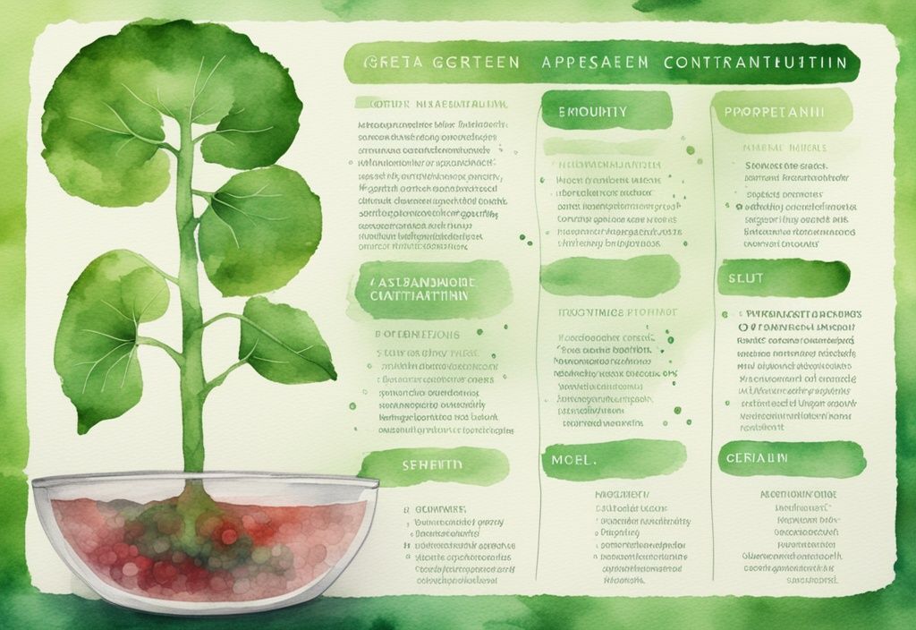 Illustrazione moderna ad acquerello della molecola di astaxantina con proprietà benefiche e controindicazioni su sfondo a tema medico verde.