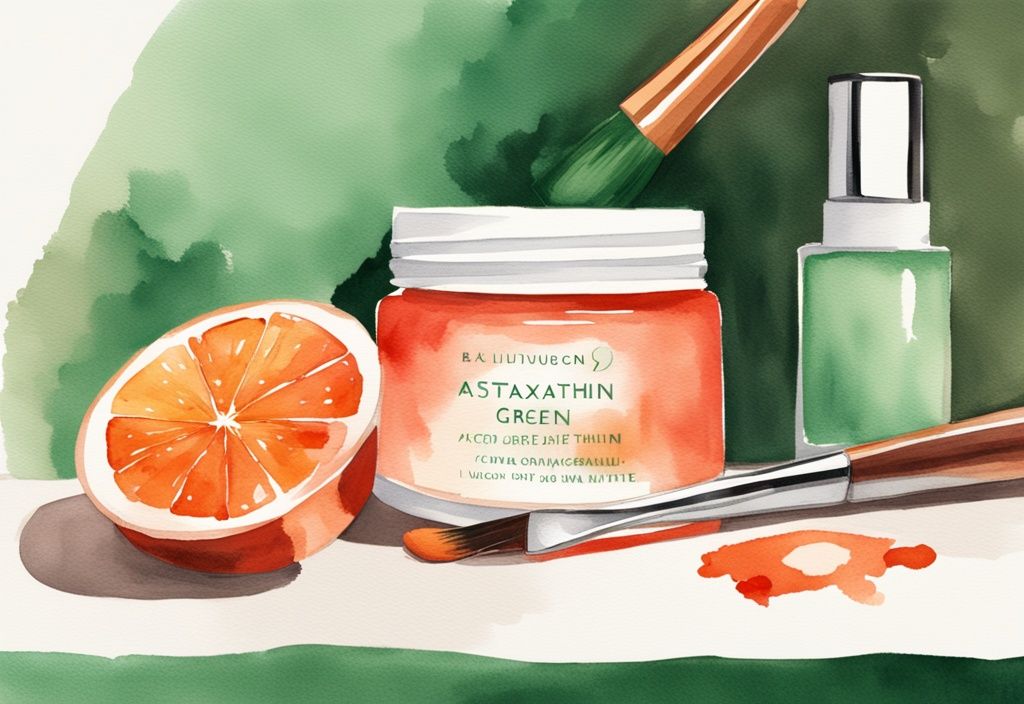 Illustrazione moderna ad acquerello con tema principale verde, vasetto lussuoso di crema viso all'astaxantina aperto su una toeletta, crema visibile di colore rosso-arancio vibrante, pennello morbido vicino pronto per l'applicazione.