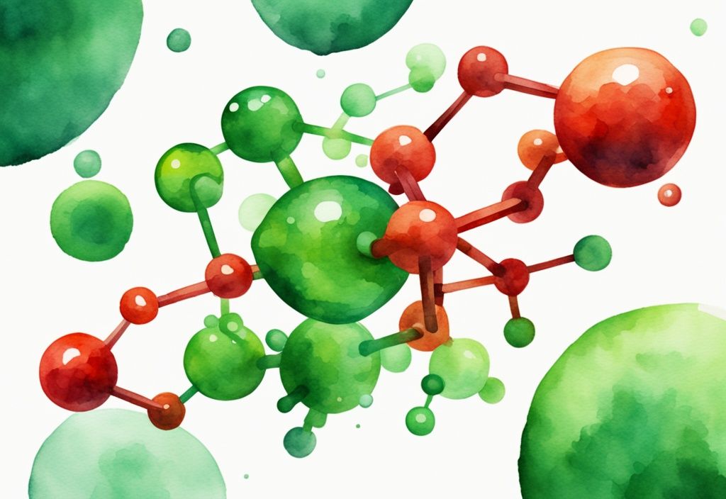 Illustrazione moderna ad acquerello di una struttura molecolare di glutatione o astaxantina su sfondo bianco pulito, tema principale verde.