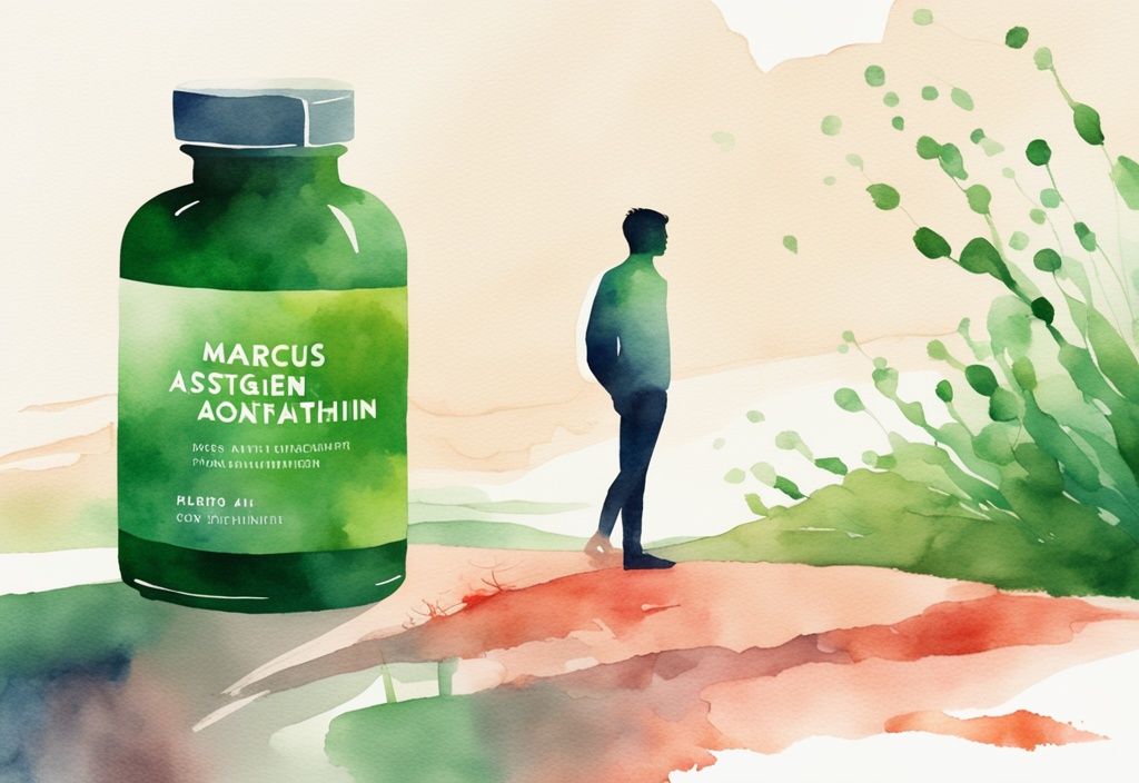 Illustrazione moderna ad acquerello con tema verde, bottiglia di integratore Marcus Rohrer's Astaxanthin in primo piano e persona radiosa e in salute sullo sfondo.