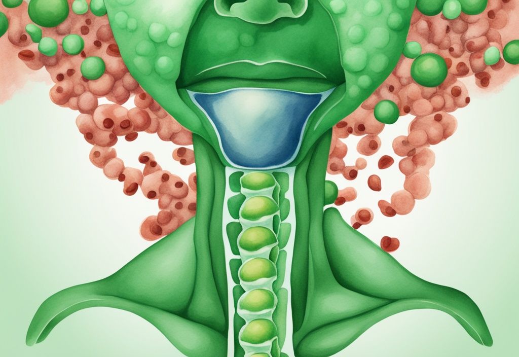 Illustrazione moderna ad acquerello con tema verde, modello 3D della ghiandola tiroidea affetta da tiroidite di Hashimoto, vista ingrandita delle molecole di astaxantina che interagiscono con l'infiammazione.