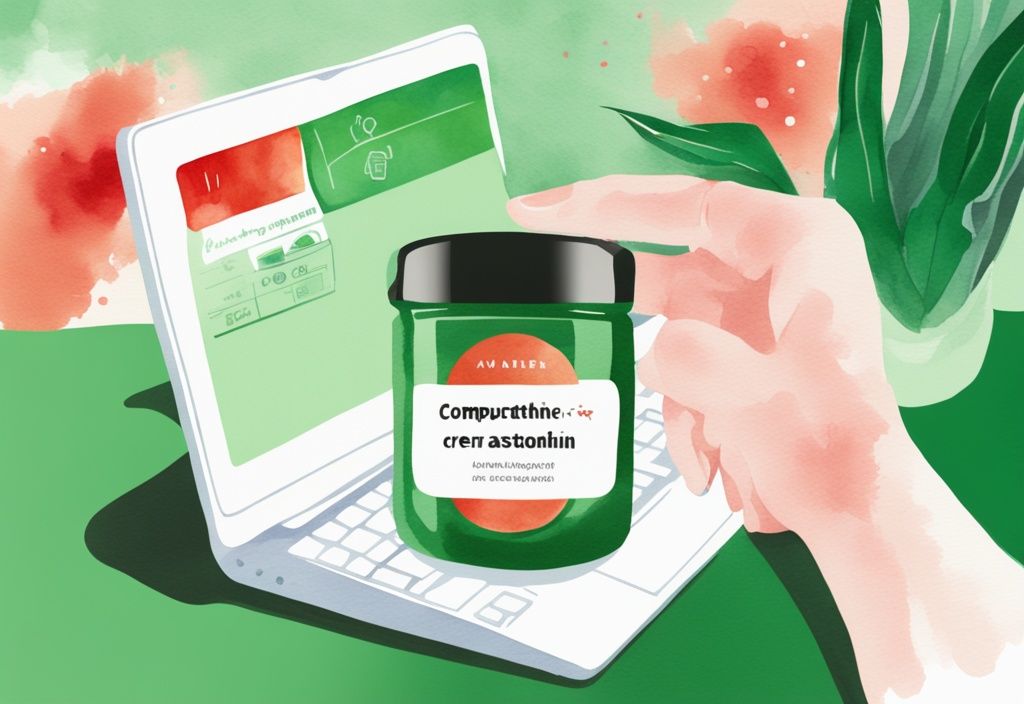 Illustrazione moderna ad acquerello con tema principale verde, mano che tiene un barattolo di crema di astaxantina, schermo del computer sullo sfondo con sito di shopping online.