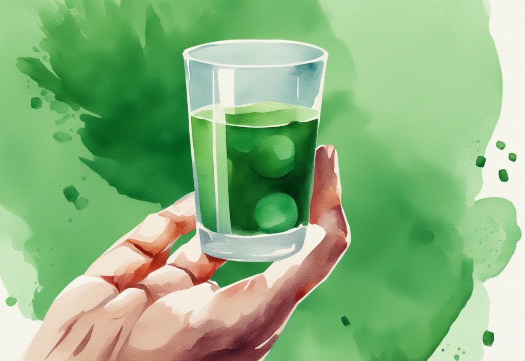 Illustrazione moderna ad acquerello con tema verde, mano che tiene una capsula di astaxantina, bicchiere d'acqua sullo sfondo.